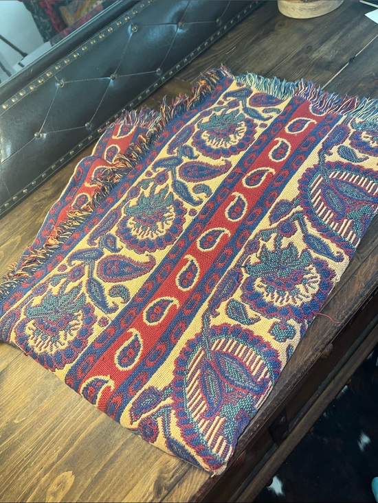 None Other - Boho Vintage Western Floral Woven Throw Blanket - Red, Yellow, Green & Blue